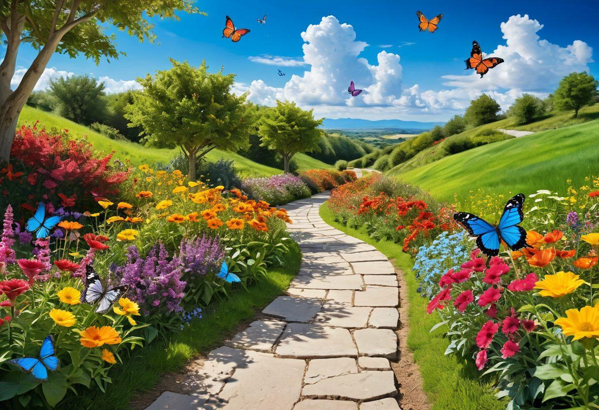 A bright, sunny pathway winding through a lush green landscape filled with colorful flowers and cheerful butterflies, symbolizing a journey to happiness and well-being. In the background, a vibrant blue sky with fluffy white clouds evokes a sense of peace. Include a diverse group of smiling individuals walking together, representing community and support. super-realistic. vibrant colors. cheerful atmosphere.