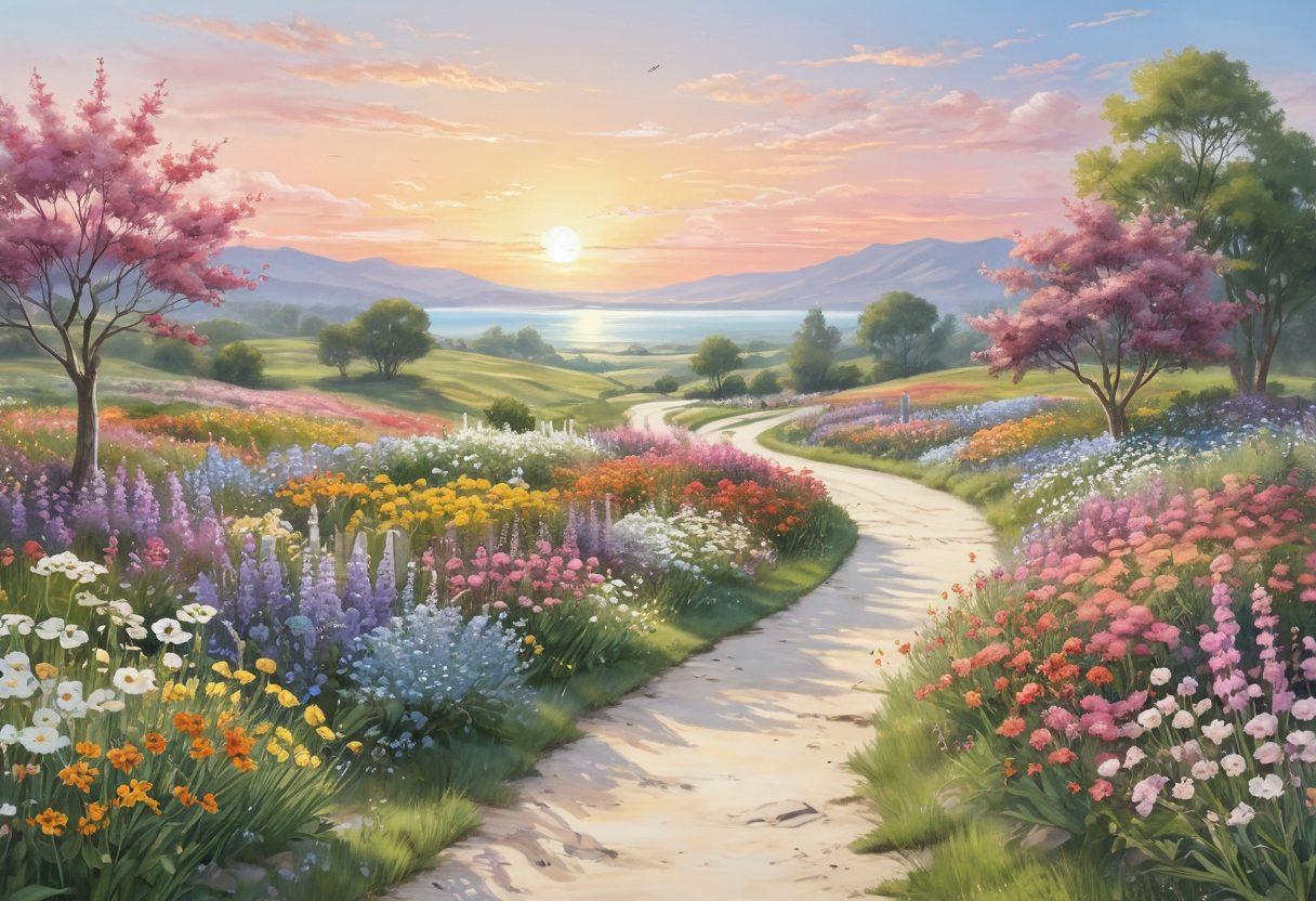 A serene landscape featuring a vibrant pathway lined with blooming flowers, leading towards a sunlit horizon symbolizing hope and happiness. Include diverse individuals joyfully engaging in digital activities, representing online well-being and community. Soft pastel colors to evoke a sense of calm and positivity. whimsical illustration. vibrant colors. white background.