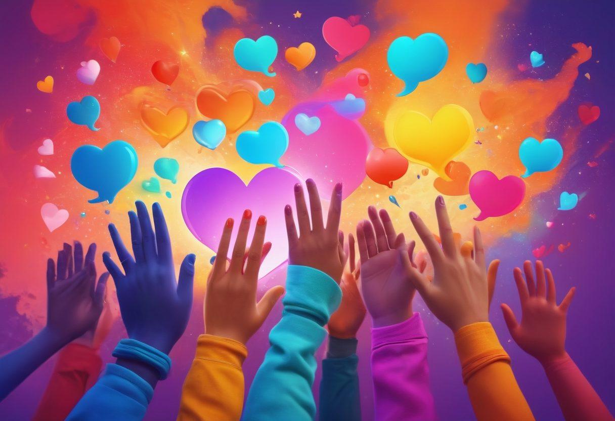 A vibrant digital landscape showcasing a diverse online community, with people expressing joy and gratitude, engaging in creative activities, and sharing ideas. Include elements like colorful avatars, glowing chat bubbles, and symbols of community support, such as hearts and hands. The scene should radiate positivity and connection, with a bright, uplifting color palette. super-realistic. vibrant colors. digital art.